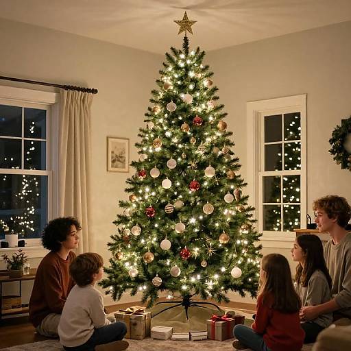 Photograph of a family of four sitting around a lit Christmas tree in a cozy living room, surrounded by gifts. Warm, festive lights and soft,