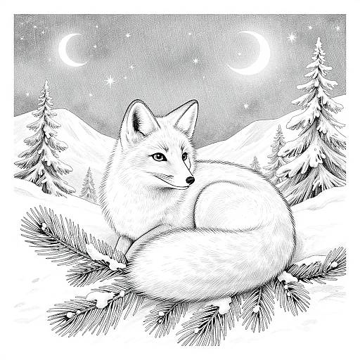 Black-and-white ink drawing of a lying fox in a snowy forest under a starry night sky with crescent moons.