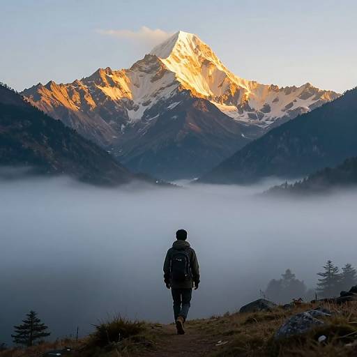Photograph of a hiker in dark clothing walking towards a snow-capped, sunlit mountain peak with misty valley below at sunrise.