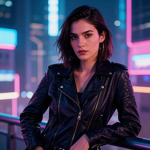 Photograph of a young woman with dark hair, wearing a black leather jacket, standing in a neon-lit urban night scene.