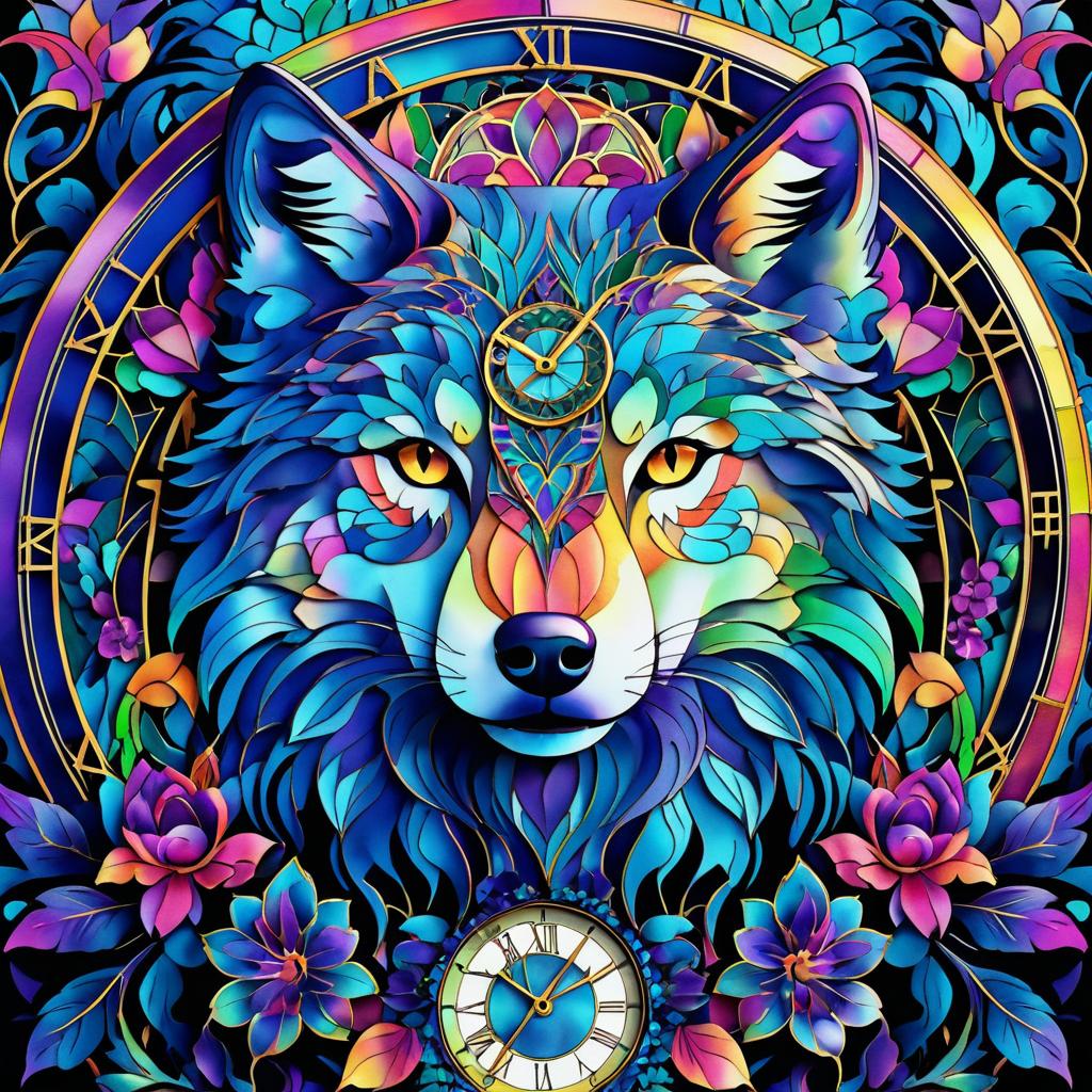 Vivid Art Nouveau Wolf with Flowers