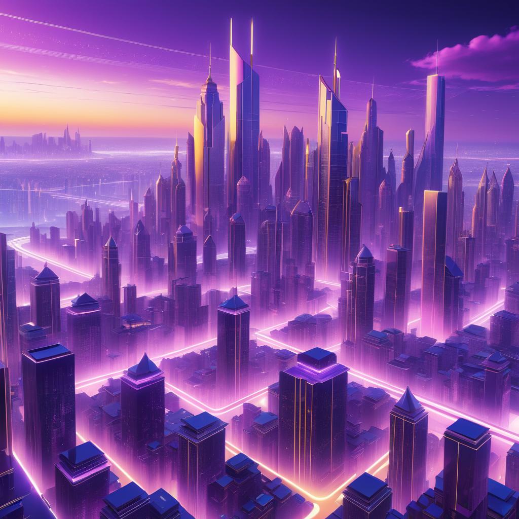 Futuristic City Skyline in Violet and Gold