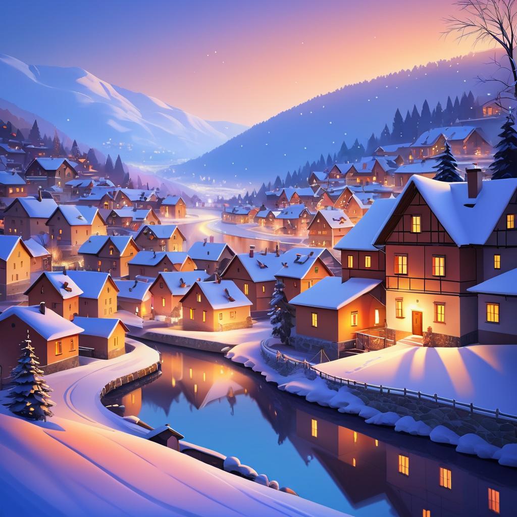 Tranquil Snowy Village at Dusk