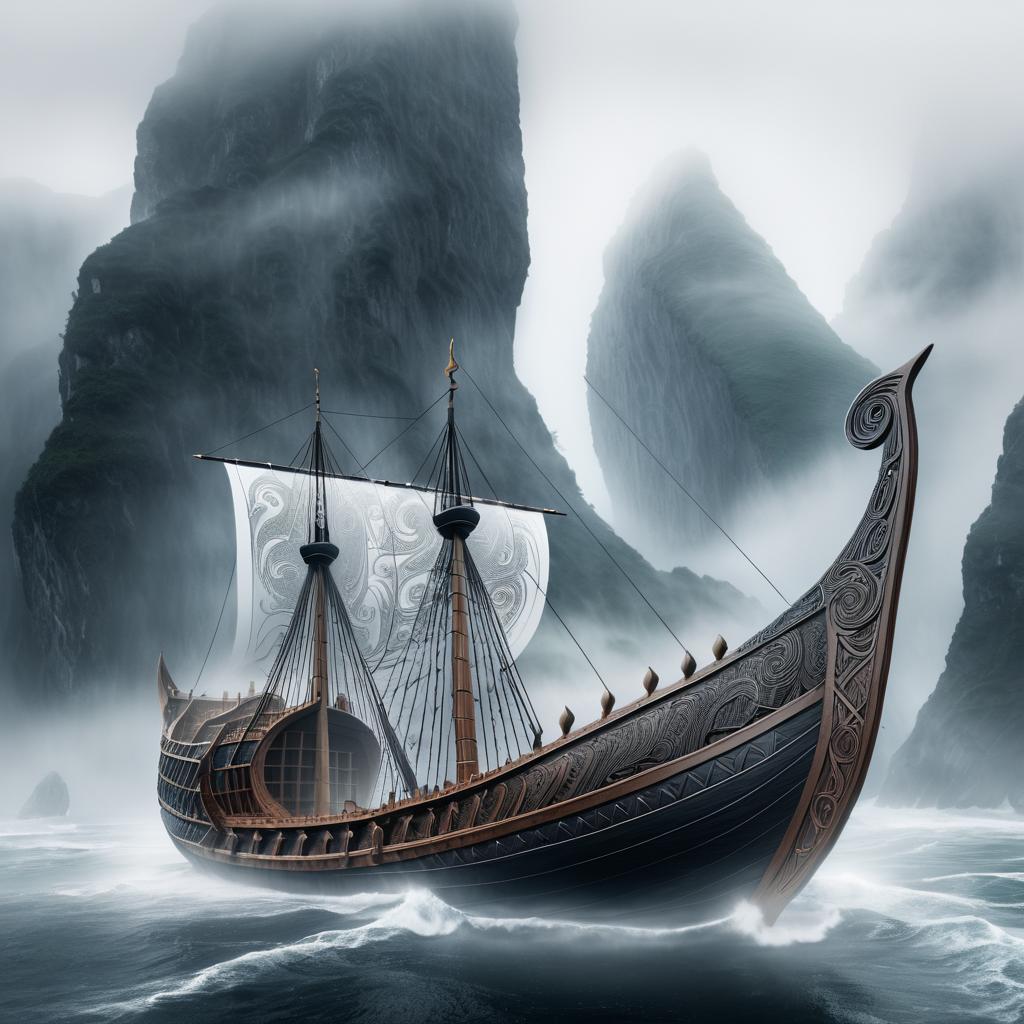 Intricate Viking Ship in Misty Landscape