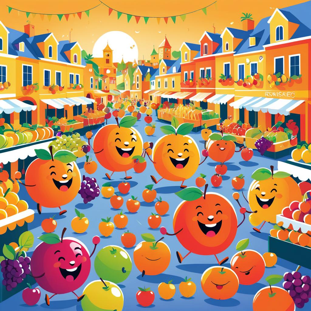 Vibrant Fruit Market with Singing Characters