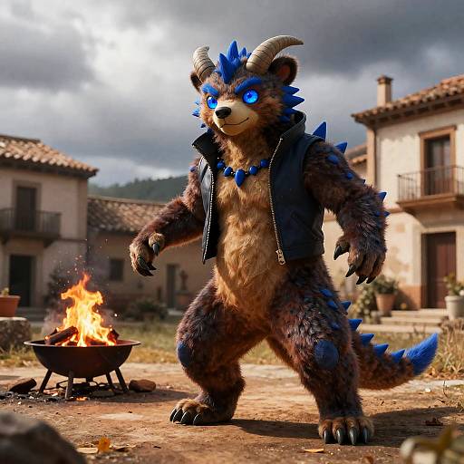 Anthropomorphic Bear with Blue Spikes in Village Setting