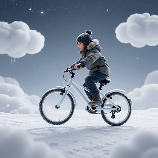Photograph of a child in winter gear riding a white bicycle against a surreal sky with fluffy clouds and stars.