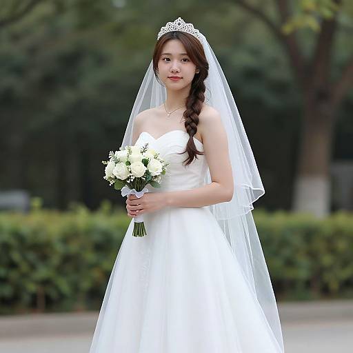 Photograph of an East Asian bride with long braided brown hair, wearing a white strapless wedding dress, tiara, and veil, holding a