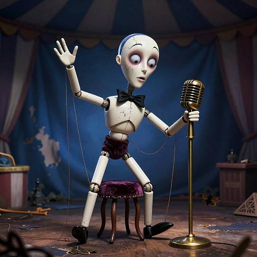 Whimsical Ventiloquist Dummy Performing in Carnival Tent