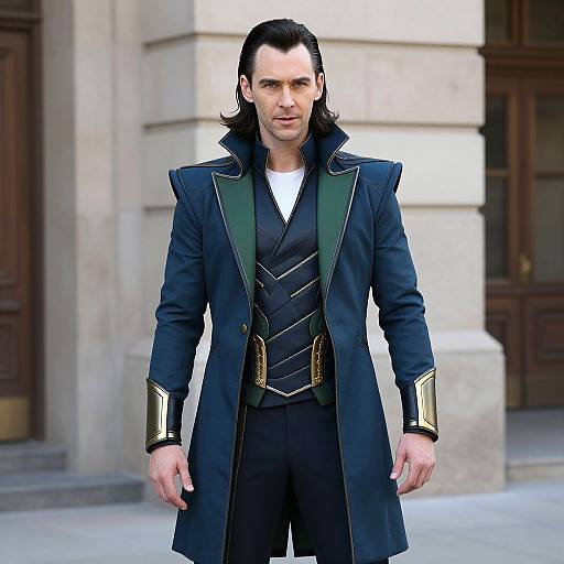 Photograph of a handsome man with long black hair, wearing a dark blue, gold-trimmed coat, black vest, and white shirt, standing