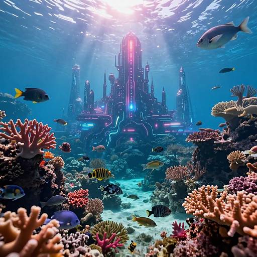 Photorealistic CGI of an underwater coral reef with vibrant corals, colorful fish, and a glowing, futuristic cityscape in the background.