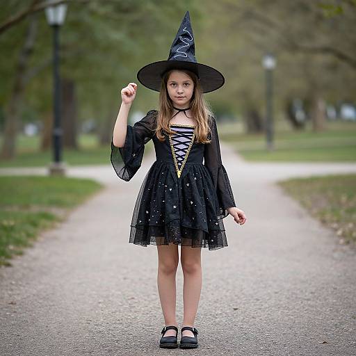 Photograph of a young girl with long brown hair, wearing a black witch hat, black lace dress with white polka dots, and black shoes,