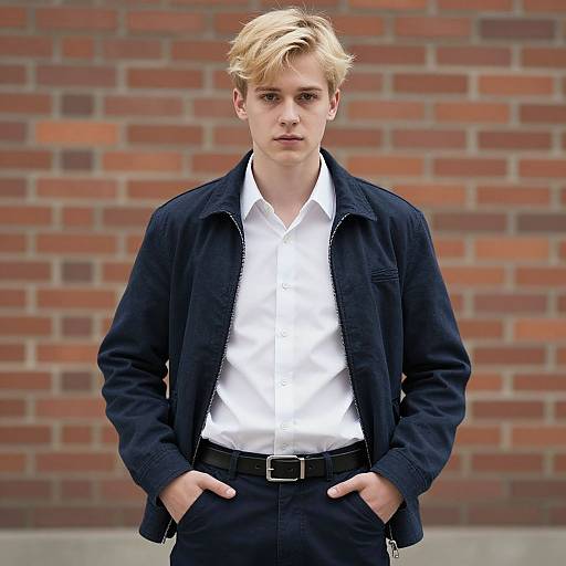 Photograph of a young, blond-haired boy with fair skin, wearing a white shirt, black jacket, and black pants, standing in front of a