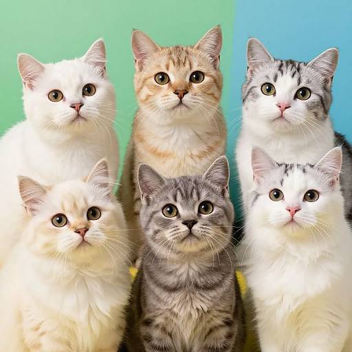 Five Colorful Cute Cats Together
