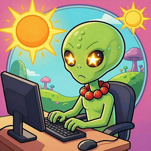Cartoon green alien with large yellow eyes, red bead necklace, typing on computer, sunny circular window, colorful landscape, vibrant colors.