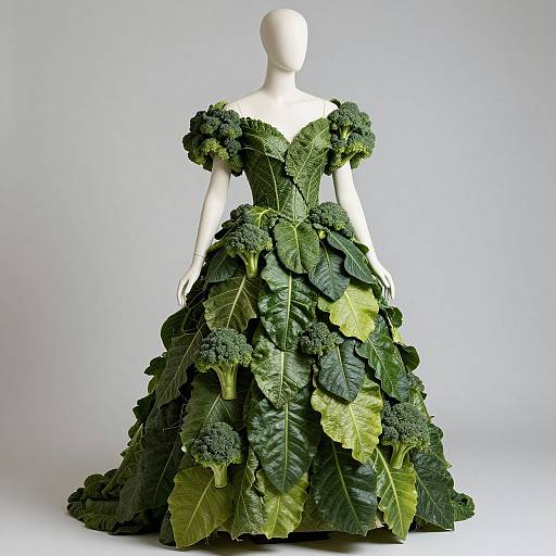 Photograph of a white mannequin wearing an elaborate, full-length dress made entirely of large, green kale leaves and broccoli florets, set against