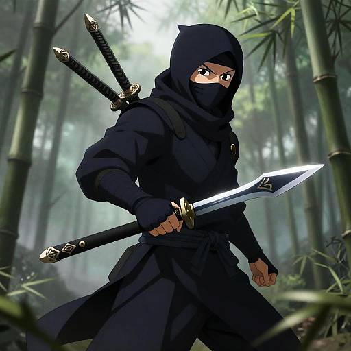 Realistic Ninja in Misty Bamboo Forest