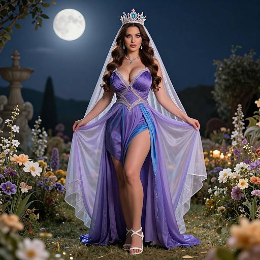 Photograph of a beautiful woman with long dark hair, wearing a purple gown, tiara, and veil, under a full moon, standing in a