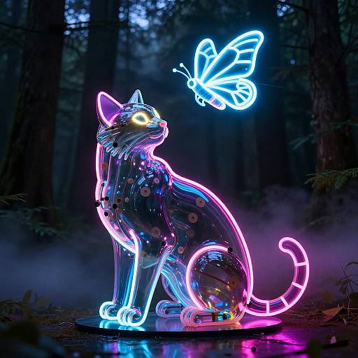 Neon-lit, wireframe cat statue with glowing yellow eyes, sitting in a forest, illuminated by a luminous blue butterfly. Photographic night