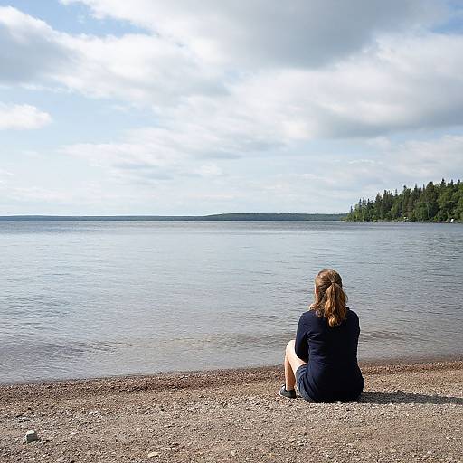 Photograph of a woman with blonde hair in a ponytail, wearing a black long-sleeve shirt and white shorts, sitting on a pebb