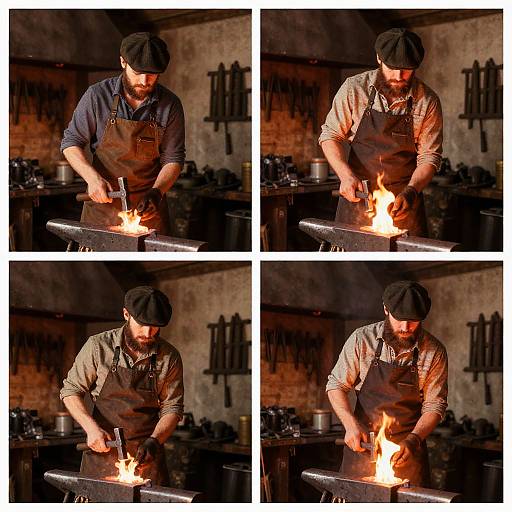 Photograph collage of a bearded black-capped blacksmith in brown apron and shirt, igniting fire on an anvil in dimly lit