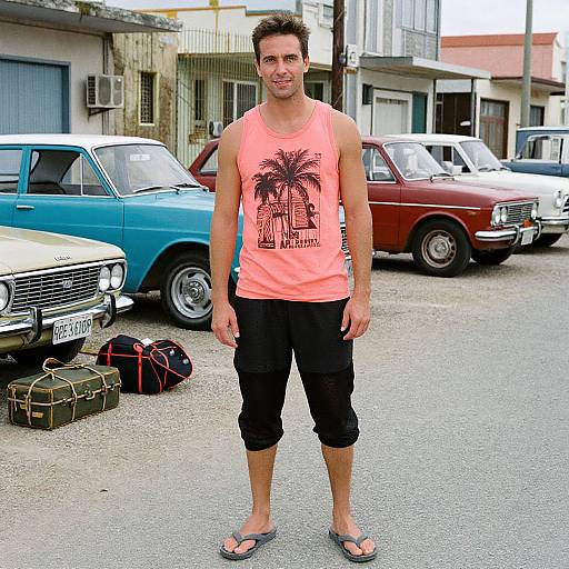 Photograph of a young man with short brown hair, wearing a neon orange tank top, black capri pants, and sandals, standing in front of