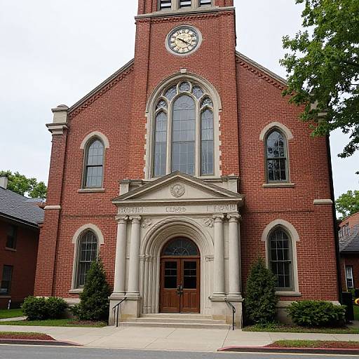 Photograph of a red-brick Gothic-style church with tall arched windows, a large clock above the entrance, and ornate stone detailing. Two