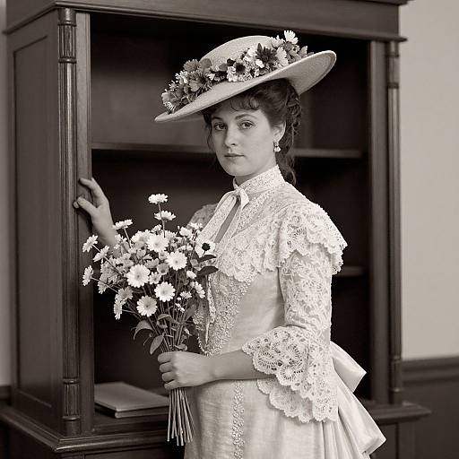 Black-and-white photograph of a Victorian woman in an ornate lace dress and floral hat, holding a bouquet of daisies, standing in front of