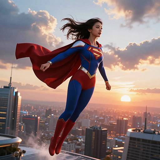 Photorealistic CGI of a Latina woman in a Superman costume, flying over a cityscape at sunset, with a red cape and boots.