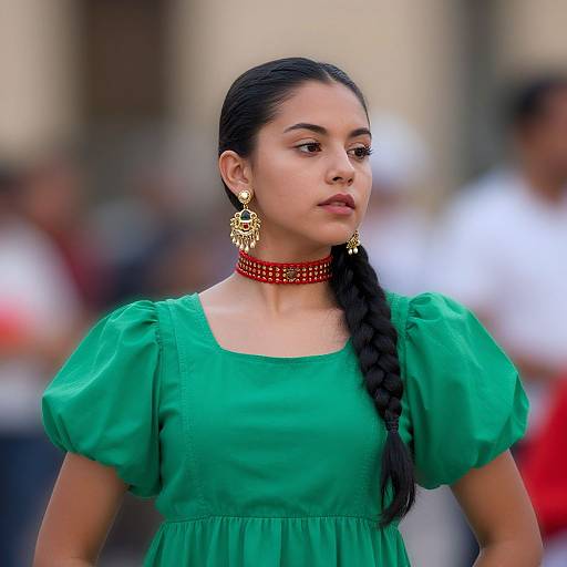 Photograph of a young Latina woman with dark hair in a braid, wearing a green puffed-sleeve dress, red beaded choker