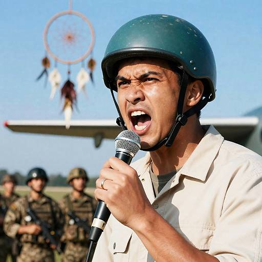 Intense Man Shouting with Dreamcatcher and Soldiers