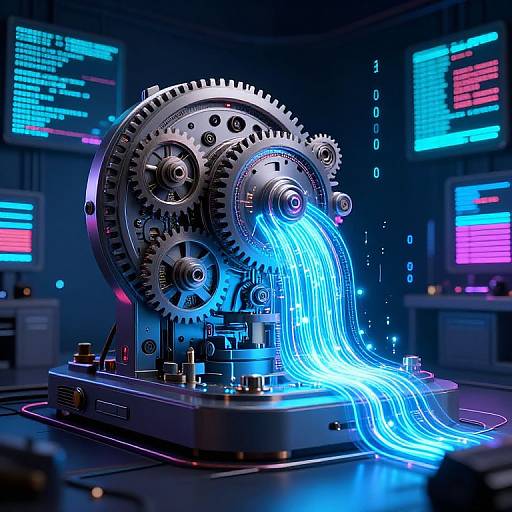 Digital CGI of a futuristic, metallic gear assembly with glowing blue neon wires cascading from it, surrounded by high-tech control screens.