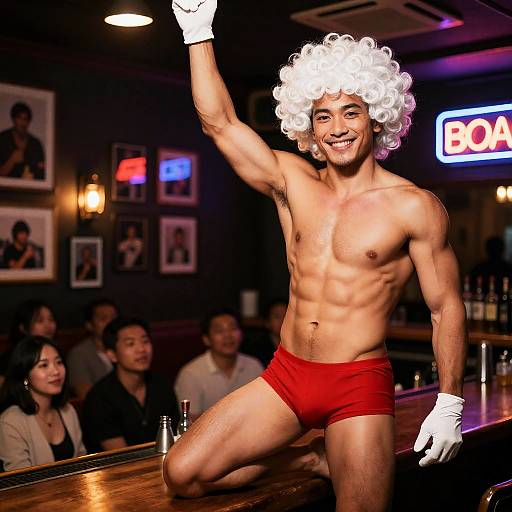 Muscular Man in Wig and Red Shorts on Bar Counter