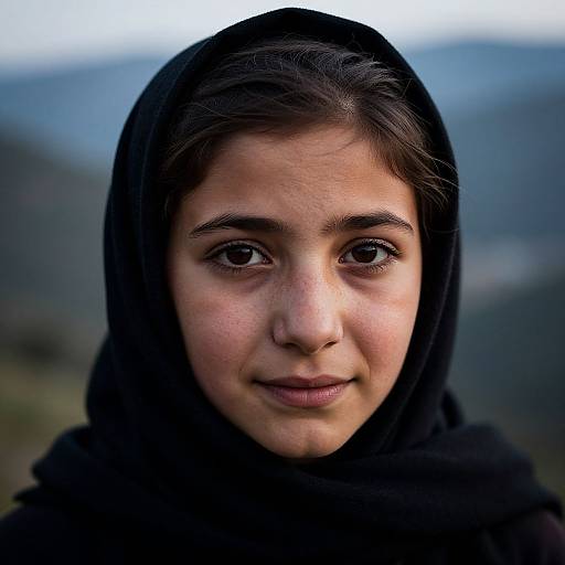 Photograph of a young woman with medium skin tone, dark brown eyes, and brown hair, wearing a black hijab, with a blurred mountainous