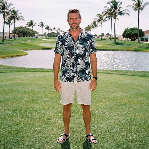 Photograph of a smiling, fit man with short brown hair in a black and white tropical shirt, white shorts, and sandals, standing on a green