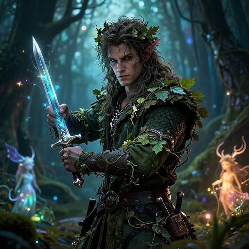 Digital fantasy artwork of a fierce elf warrior with glowing blue sword, leafy crown, and armor, standing in a mystical forest.