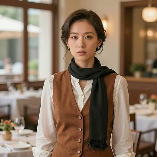 East Asian Woman in Victorian-Style Dinner Outfit