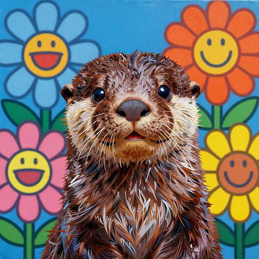 Pop Art Otter Portrait with Colorful Flowers