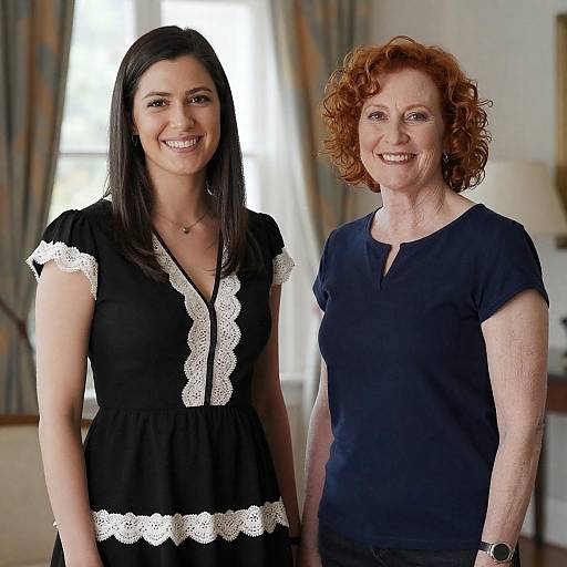 Photograph of a smiling young woman with long black hair in a black lace-trimmed dress, and an older woman with curly red hair in a