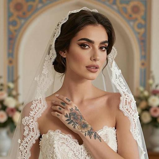 Photograph of a beautiful, dark-haired bride with a floral tattoo on her left hand, wearing a lace veil and strapless lace wedding dress, standing