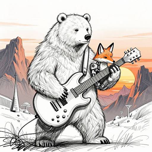 Illustration of a furry white bear playing an electric guitar with a small fox perched beside it, set against a vibrant sunset over mountains.
