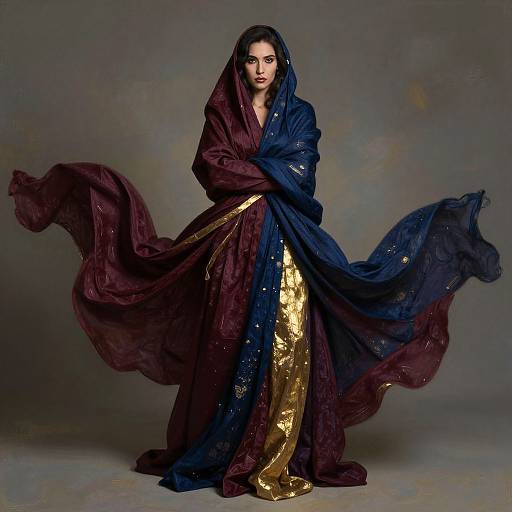 Photograph of a woman with dark hair, wearing a flowing, deep maroon and navy blue embroidered dress with gold accents, standing against a grey gradient
