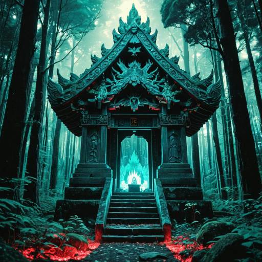 Mystical Forest Shrine with Glowing Spirits