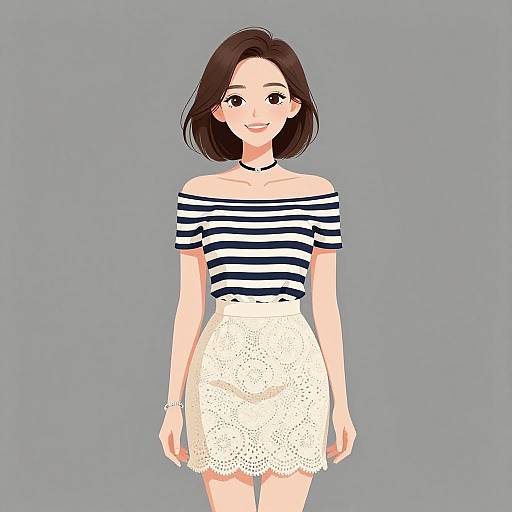 Digital illustration of a smiling young woman with short brown hair, wearing a navy and white striped off-shoulder top and white lace skirt, against a