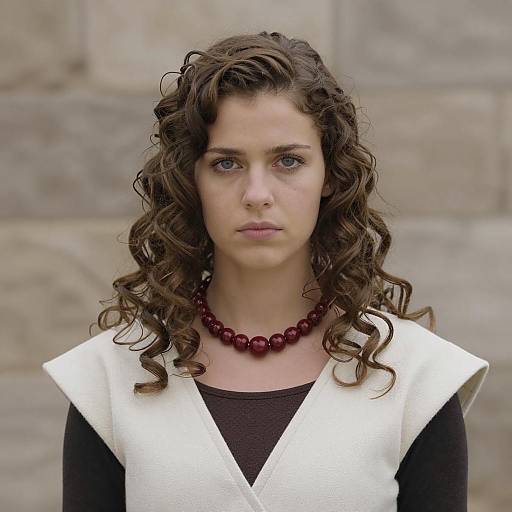 Young Woman in White and Brown Vest with Red Bead Necklace