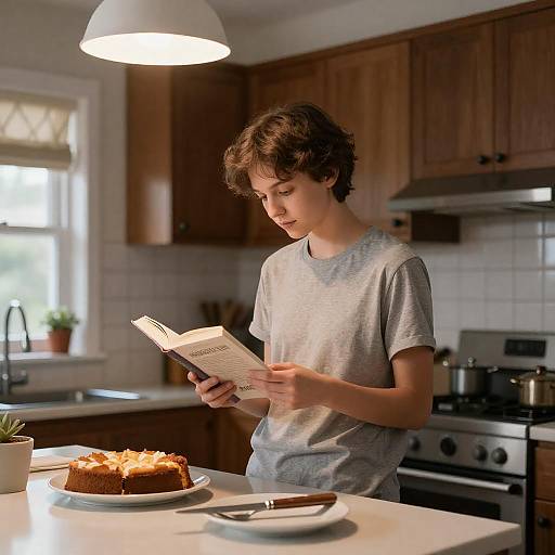 Focused Reader in Cozy Kitchen Setting