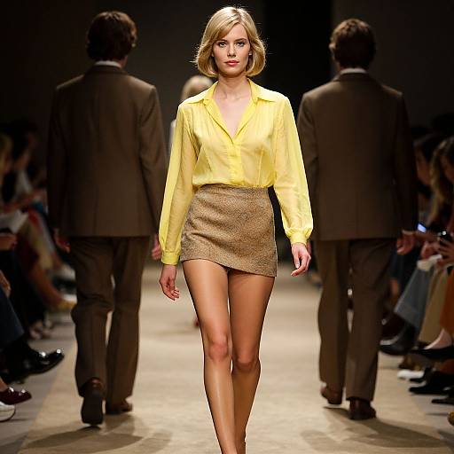 Blonde model walks runway in yellow blouse and gold mini-skirt, flanked by two men in brown suits, under bright spotlight.