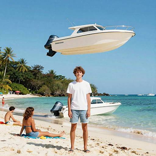 Young Man with Motorboat on Tropical Beach