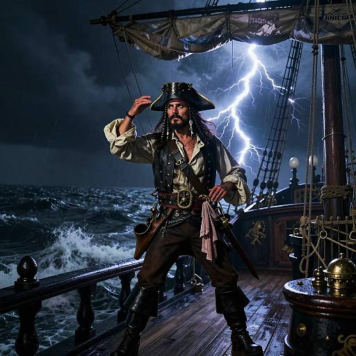Photograph of a rugged, bearded pirate captain with black tricorn hat, white shirt, and brown pants, standing on a stormy ship deck