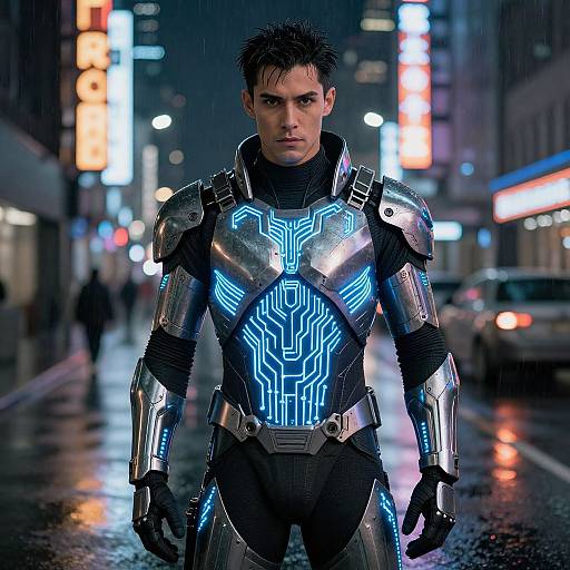 Photograph-style CGI of a wet, neon-lit city street at night, featuring a muscular, serious-looking man in futuristic, glowing blue and silver